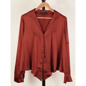 Elizabeth & James 100% Silk Pintuck Button Blouse Rust Terracotta Size M